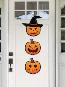 1pc/3pcs Stacked Pumpkin Door Hanging Decor With Witch Hat, Halloween Scary Jack-O'-Lantern Front Door Wall Decoration, Indoor/Outdoor Party Home Decor - View 6
