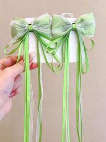 2pcs Macaron Color Satin Pearl Luster Tulle Long Ribbon Bow Hair Clips, Suitable For Children, Non-Slip Alligator Hair Clip Base, Multiple Colors Available, Children's Daily Accessories/Performance/Photography - Multicolor - View 8