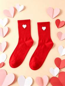 1 par de calcetines de media caña con rayas verticales de unicolor, calcetines tipo barco con estampado de corazón cálido para otoño/invierno, calcetines slouch versátiles para uso diario para niñas - Rojo - Ver 2