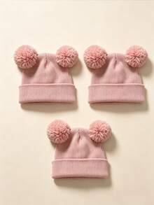 3pcs/1pc Warm Knitted Knitted Hat, Cute Plush Double Pom Pom Design, Thickened Hat Body, Suitable For Newborns - Multicolor - View 26