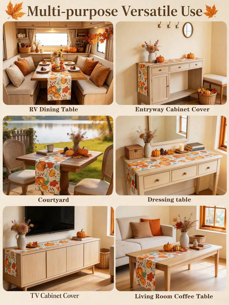 1pc Thanksgiving Table Runner, Orange Pumpkin And Maple Leaf Print Pattern, Rectangular Table Runner, Washable, Coffee Table, Shoe Cabinet, Sideboard, Cabinet Cover, Room Decor, Home Decor, Suitable For Kitchen, Dining Room, Dinner, Party, Holiday, Celebration Decoration, Thanksgiving Decor, Autumn Decor, Thanksgiving Decoration Supplies - Multicolor - View 3