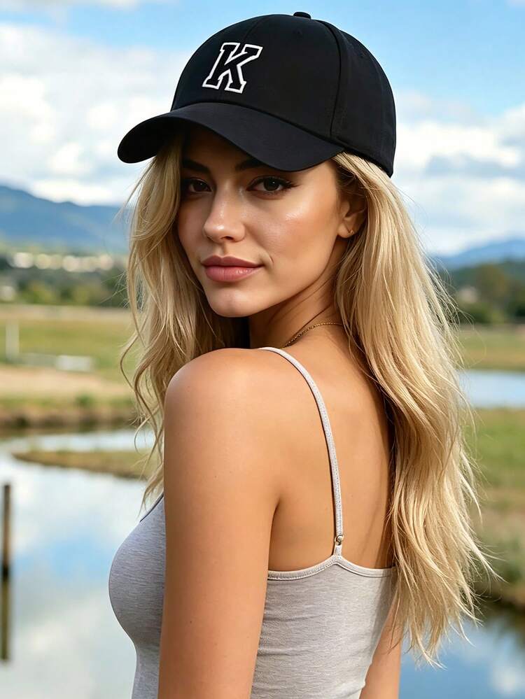 1 pieza Gorra de béisbol de unicolor con 26 letras, gorra deportiva de moda para mujer con visera, sombrero de protección solar para exteriores - Negro - Añade 2