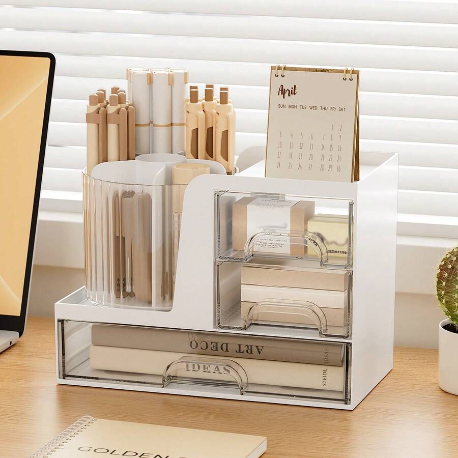 Multifunctional Desktop Storage Box Rotating Pen Holder Makeup Organizer Transparent Multi-Layer Drawer Large Capacity Compartment Storage Bin For Students Office Vanity - Multicolor - View 1