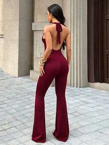 1pc Solid Color Knit Hollow Out Dress For Vacation And Daily Wear In Summer - Burgundy - View 3