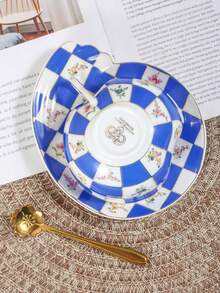 1pc Elegant Highly Attractive Ceramic Coffee Cup & Saucer Set, Plaid Pattern H-Cup & Saucer, Suitable For Club, Home, Cafe Use - WL-checkered Floral H Cup and Saucer - View 8