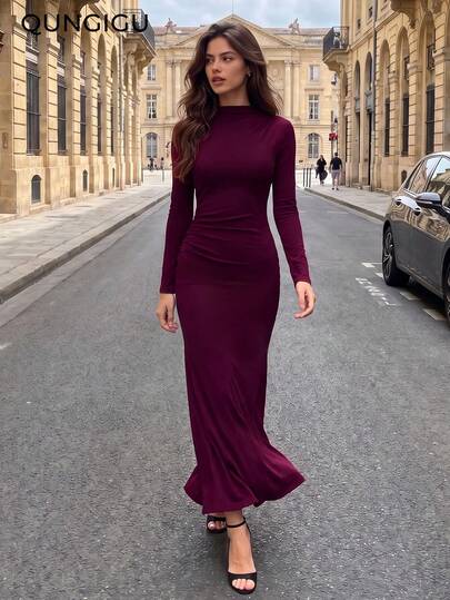QUNGIGU Robe longue élégante à col montant pour femme, ourlet sirène de luxe, manches longues, vêtement pour invitée de mariage, anniversaire, dîner, sortie