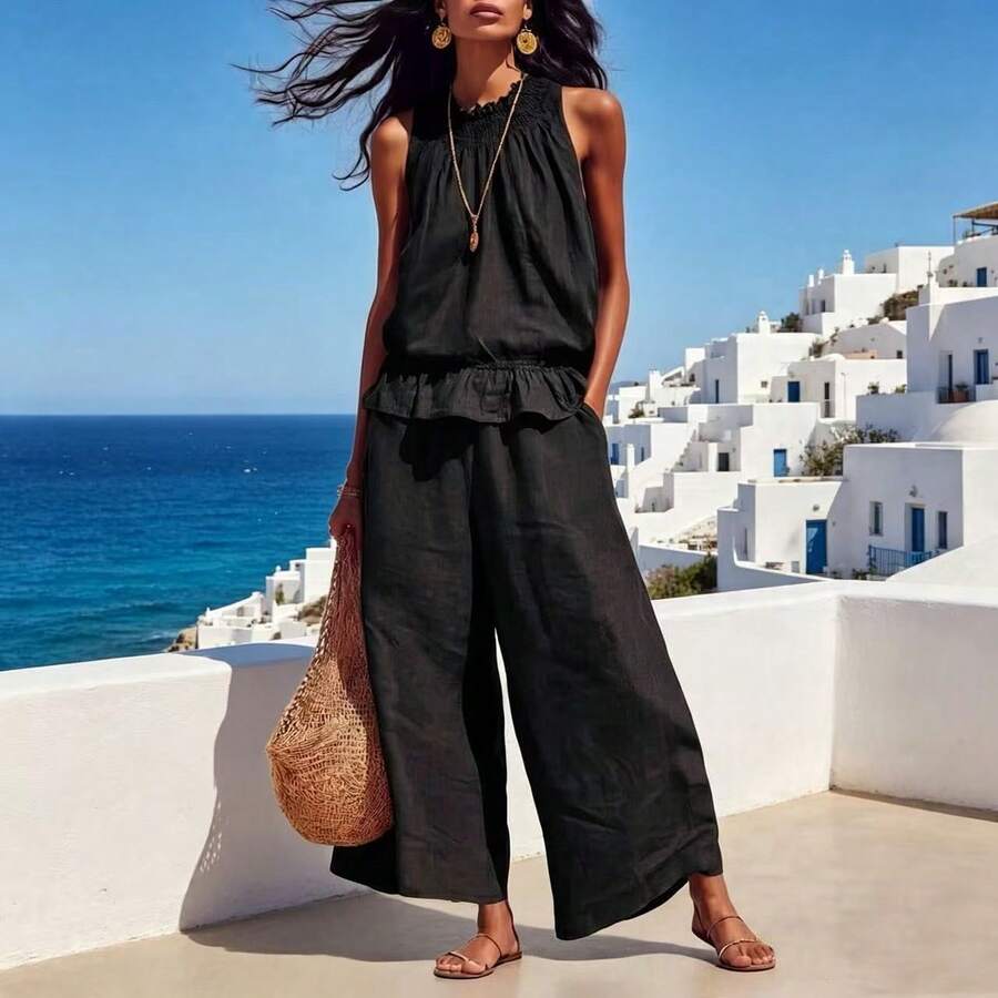 New Summer Casual Linen Two-Piece Women's Sleeveless Ruffled Wide-Legged Pants Suit - 黑色 - 查看 1
