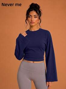 Never me Women's Navy Blue Round Neck Wide Flare Long Sleeve Cropped Top With Side Ruched Waist, Fitness Base Layer - Navy Blue - View 3