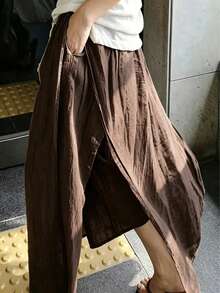 秋季開學季女款寬鬆大尺碼休閒短褲裙連身褲 2合1開衩設計 - 卡其色 - 查看 6
