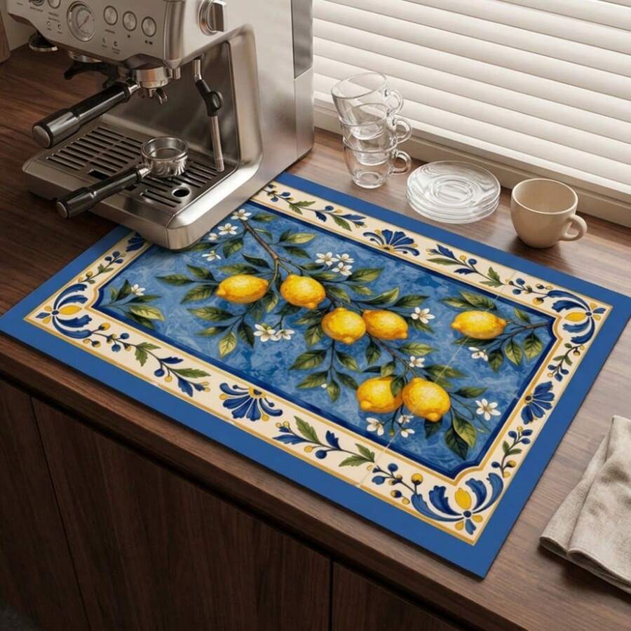 1 buah Alas Pengeringan Piring, Alas Mesin Kopi, Alas Pengeringan Piring Penyerap Motif Lemon Lukis Tangan, Alas Pelindung Meja, Alas Pengeringan Mangkuk & Piring Meja Dapur, Dekorasi Rumah yang Sangat Menarik, Dekorasi Dapur