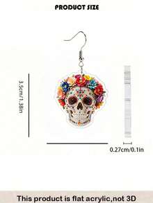 2D Flat Gothic Skull Dangle Earrings For Women, No Rhinestones, Acrylic Mexican Day Of The Dead Calavera Ear Pendants, Halloween, Festival Fun Jewelry Gift - A - View 9