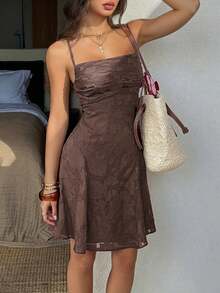 Women Fall Coffee Spaghetti Strap Mini Dress,Square Neck Criss Cross Back Lace Up Floral Dress For Back To School Vacation Going Out - Brown - View 1