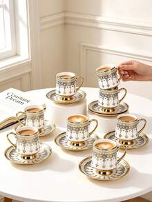 Set Of 6 Ceramic Coffee Cups And Saucers (90 Ml Each), Suitable For Use In The Microwave And Dishwasher; Includes Espresso Cups And Arabic Coffee Cups. Ideal For Afternoon Tea, Cafes, The Kitchen And Home Decor; The Perfect Gift. - Multicolor - View 1