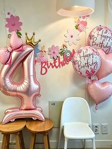 立式數位領結與生日圓形氣球套組，適用於生日派對、聚會裝飾、週年慶祝、節日慶典、背景牆、戶外派對場景佈置 - 粉紅色站立數字搭配愛心圓球蝴蝶結氣球 - 查看 6