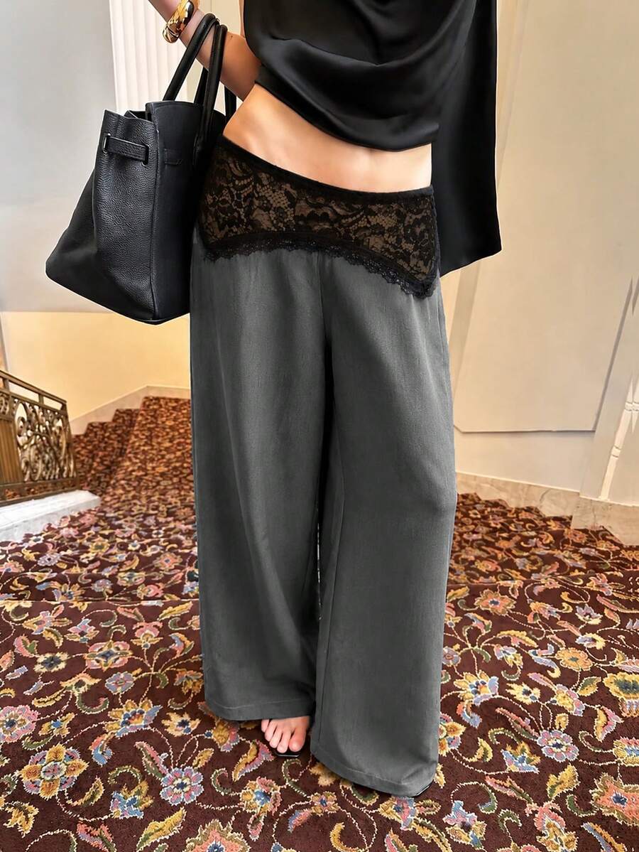 Celana Panjang Wanita Model Lebar yang Stylish untuk Musim Gugur, Menampilkan Detail Renda Kontras yang Halus, Kain Nyaman dengan Sedikit Elastis, Sempurna untuk Segala Acara - Grey - View 1