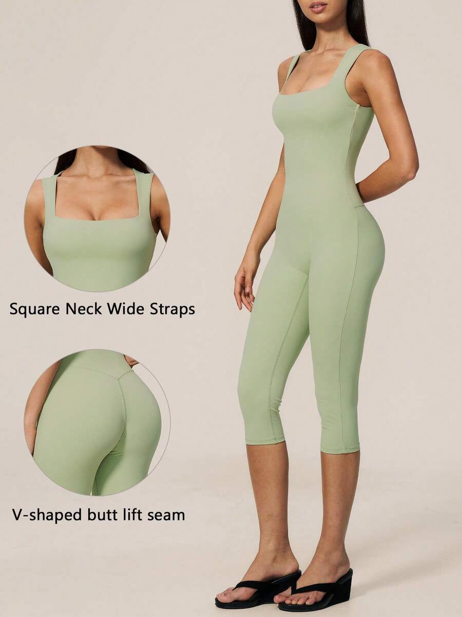 TimeOff Women's 1pc Solid Color Square Neck Thick Strap Waist-Cinching Athletic One-Piece Shorts - Green - View 1
