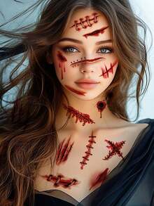 zillor 12 Peças Adesivos de Tatuagem Temporária 3D de Halloween para Adultos, Tatuagens Realistas de Ferida Sangrenta, Cicatriz e Crosta de Horror, Conjunto de Maquiagem Corporal e Facial de Halloween, Adereços de Pegadinha para Festa à Fantasia, Festa de Cosplay para Adultos, Suprimentos de Presente para Decoração de Festa de Halloween - Vermelho - Visão 8