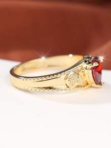 A Vintage-Style Ring Set With A Heart-Shaped Red Cubic Zirconia, Perfect For Both Everyday Wear And Romantic Parties. - Golden Yellow + Red - View 5