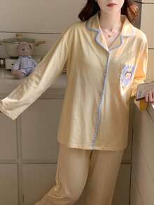 2pcs/Set Women's Pajama Loungewear Set, Penguin Print Cute Lapel Cardigan Long Sleeve Cropped Pants Comfortable Home Style - Yellow - View 9