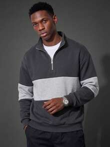 Camvyn Men's Summer Casual Fashion Patchwork Design Zip-Up Sweatshirt - Dark Grey - View 1