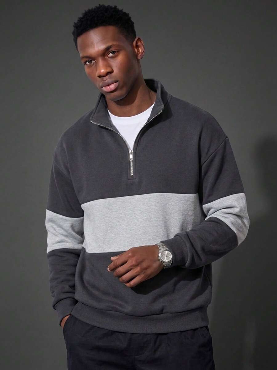 Camvyn Men's Summer Casual Fashion Patchwork Design Zip-Up Sweatshirt - Dark Grey - View 1