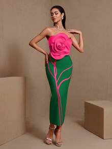 Vestido de unicolor elegante con cadena de strass, armadura, gota de agua y cristal, estilo vendaje para fiesta formal de noche, boda y otoño - Verde - Ver 4