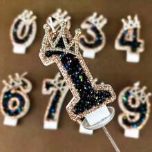 Black Gold Rhinestone Crown Number Birthday Candle W/ Luxury Glitter Digit, Black‑Gold Theme Cake Topper, Adult Milestone Birthday, 18th 30th 40th Coming‑Of‑Age, Glam Dark Aesthetic Birthday Party Decor Supplies - View 6