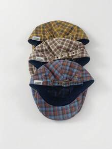 1pc Plaid Canvas Newsboy Cap, Retro Vintage Versatile Baseball Cap For Women And Men, Spring/Autumn, Minimalist Beret, Large Head Circumference, Face-Slimming - Multicolor - View 3