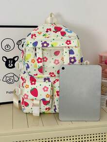 Dedoo Backpack Lunch Bag Two Pencil Cases 4Pcs,Colorful Floral Strawberry,No Pendant Clear Pocket Multi Layer Zipper Compartments,For Teen Girls SchoolDaily - Multicolor - View 6
