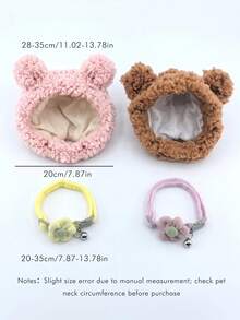 4pcs/Set Plush Bear Ear Pet Hat 2pcs + Flower Bell Collar 2pcs, Cute Photo Props Accessory Set For Cats And Dogs - Multicolor - View 3