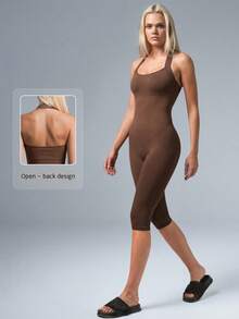 NcmRyu Women's 1pc Solid Color Seamless Halter Backless Sports Bodysuit - Mocha Brown - View 1