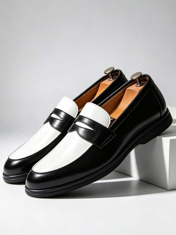 Men's Penny Loafers Minimalist Slip-On Slouchy Shoes Commuter Casual Flat Shoes British Style Versatile Daily Low-Top Plus Size Men's Shoes Men's Formal Shoes Black And White Color Block Men's Shoes Men's Wedding Shoes