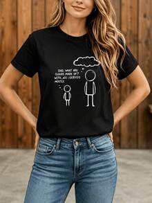 Camiseta Casual Divertida con Estampado Gráfico para Mujer, 100% Algodón, Estampado de Broma '¿De Qué Están Hechas Las Nubes, Papá?', Verano, Cuello Redondo, Manga Corta, Nueva Camiseta de V - Negro - Ver 2
