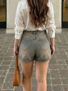 Falda-Short Skort Mini, Shorts cortos vaqueros casuales de tela suave y cómoda con envolvente, versátiles para el verano - verde lija color - Ver 2