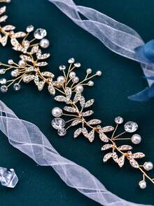 1pc Shiny Bridal Headband With Full Rhinestone Alloy Leaf Design, Women's Hair Accessory For Wedding, Party, Celebration, Ball Dress Up - Gold - View 3