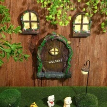 1pc Vintage Imitation Wood Fairy House Door & Window Resin Ornament, Mini Decor With Green Vines & Flowers, Accessory For Tree Trunk, Succulent Bonsai, Moss Micro Landscape, Balcony Yard DIY Landscaping, Terrarium & Miniature Fairy Garden Decor - Vine Pattern Door and Window - View 3