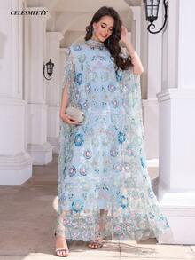 Luxury Elegant Long Robe, Stand Collar, Batwing Sleeves, Mesh Fabric, Embellished With Exquisite Embroidery Details, Autumn Vacation Fall - Baby Blue - View 8