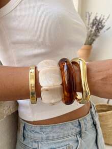 Vintage 4pcs/1pc Fashion Elegant Exaggerated Old Money Style Geometric Asymmetrical Beige Acrylic Block Patchwork Elastic Bangle Stackable Curved Wide Brown Resin Marbled CCB Wave Open Cuff Bracelet Set, Minimalist Unique Chunky Y2K Stacked Jewelry For Women, Suitable For Summer Beach Vacation, Party, Gathering, Date, Gift, Daily Wear, Versatile - Multicolor - View 2