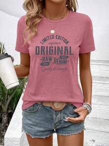 Women's Pink Knit Round Neck Short Sleeve Regular Fit T-Shirt, Targeted Print, Breathable Soft Casual - Pink - View 3