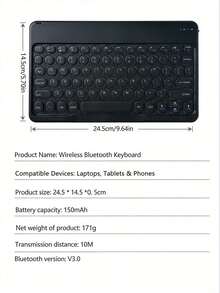 AKKHOO Rounded Cap Silent Mini Wireless Keyboard, 10-Inch Ultra-Thin, Rechargeable Silent, Compatible With IPad, Computer, Phone, Tablet - Black - View 10