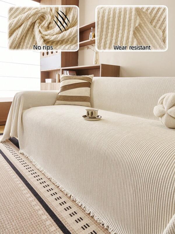 1pc Solid Color Jacquard Chenille Tassel Sofa Cover, Modern Minimalist Style, Durable & Wear-Resistant, Machine Washable, Pet-Friendly Anti-Scratch, Non-Slip & Anti-Shift, All-Season Sofa Throw, Full Coverage Soft Decor Blanket, Suitable For Bedroom, Living Room, Study, Straight & L-Shaped Sofa, Bohemian, Sofa Cover