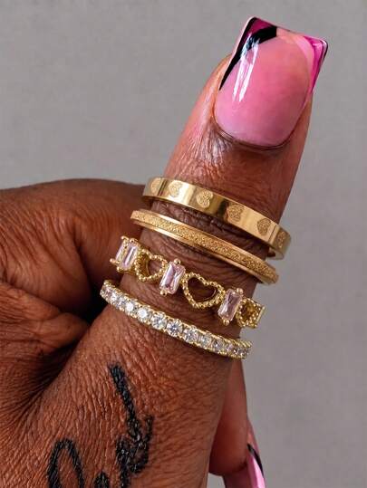 4pcs/Set Fashion Elegant Luxury 18K Gold Stainless Steel Heart Rings, Embossed Polished Matte, Thin Band Stackable Rings, Women's Summer Party Daily Wear Jewelry