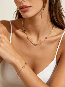 Vintage Colorful Round Rhinestone Necklace & Bracelet 2pcs Set, Niche Luxury Faux Gemstone Thin Chain Layered Collarbone Chain Jewelry Set For Women - Gold - View 2