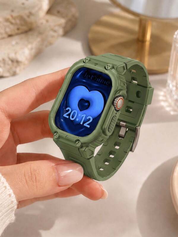 1pc Military Green Fashion One-Piece Watch Band And Case, Compatible With Apple Watch 38mm 40mm 41mm 42mm 44mm 45mm 49mm, Fashion Smart Watch Band With Protective Case, Compatible With Apple Watch Ultra 9 8 7 SE3 6 5 4 3 2 1, Sports Style Watch Band, Replacement Watch Accessory, Suitable For Daily Wear, Outdoor Sports, Travel And Gatherings, Ideal Gift For Friends Or Family