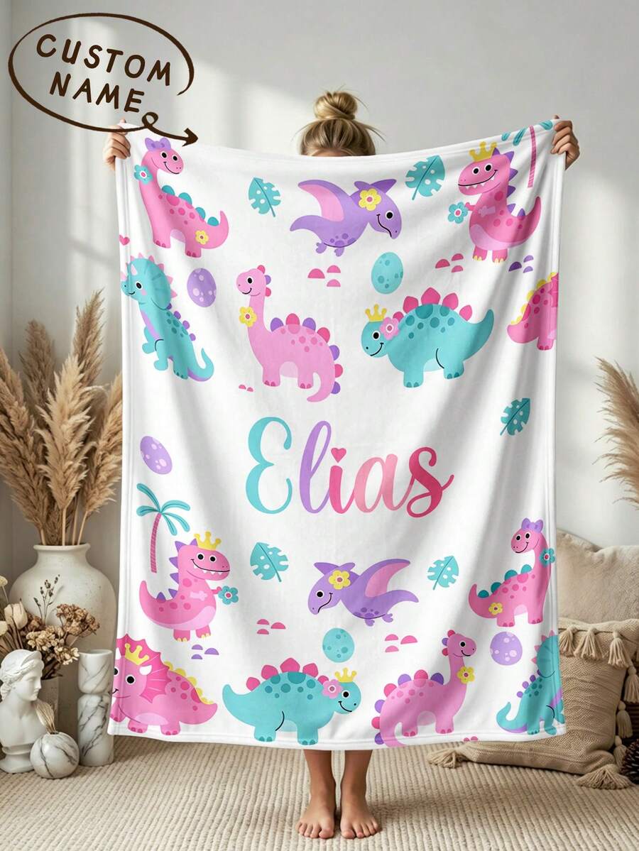 1pc Customized Name Blanket, Personalized Bed Blanket, Dinosaur Personalized Blanket, Can Print Name, Personalized Blanket, Cute Blanket, Comfortable Blanket, Home Gift, Birthday Gift, Christmas Gift, Personalized Gift, Gift For Son/Daughter, Gift For Friend - Style 3 - View 1