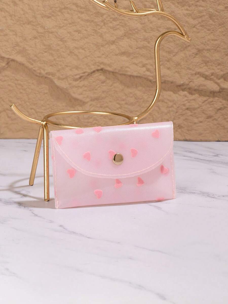 Embroidered Heart Snap Button Cute Coin Purse, Suitable For Dates, Holidays, Parties, Commuting - Pink - View 1
