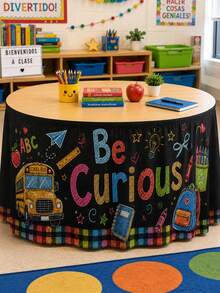 1pc Blackboard Back To School Polyester Table Skirt, Fun Educational Rectangular Table Decor With Letter Title, Yellow School Bus, Backpack And Ruler Print, Suitable For Classroom Decor, Room Decor, Home Decor, Bedroom Decor And Party Supplies - Multicolor - View 8