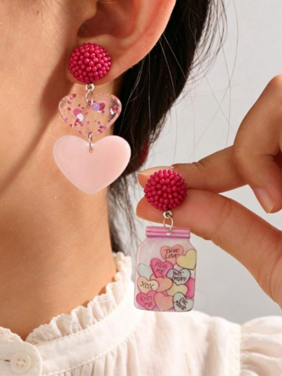 1 Pair Heart Print Water Bottle Jar Acrylic Kids Earrings, Cute Versatile - Multicolor - View 1