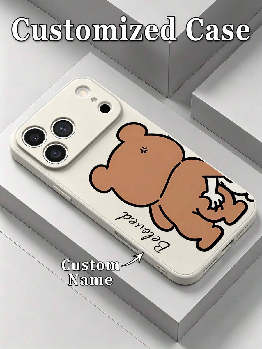 1pc Customized Name Bear Pattern TPU Ultra-Thin White Phone Case Protective Cover Compatible With Apple 18ProMax/17ProMax/17Air/16ProMax/16e15Plus/14/13ProMax/12/11/XR/8/7/6Plus, Fashion, Cute, Minimalist, Personalized Customization, Unique, Valentine's Day, Gift For Girlfriend, Gift For Boyfriend. - White - View 1