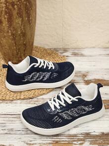 Women's Plus Size Wide Toe Box Athletic Shoes, Minimalist Striped Mesh Decor, Front Lace-Up, Extra Wide Soft Sole, Suitable For Outdoor Sports - Navy Blue - View 7